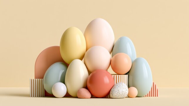 Minimalist pastel egg shapes on wooden platform
