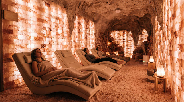 Woman and man resting in salt room. People relaxing on lounge chair inside halotherapy cave. Wellness spa treatment, alternative health therapy and stress relief environment concept.