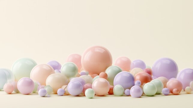 Minimalist pile of soft pastel 3D matte spheres.