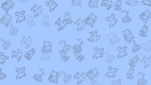 Microstock asset features a fun and colorful pattern of cartoon animal icons like camels, rabbits, dogs, and parrot silhouettes. Ideal for childrens designs.