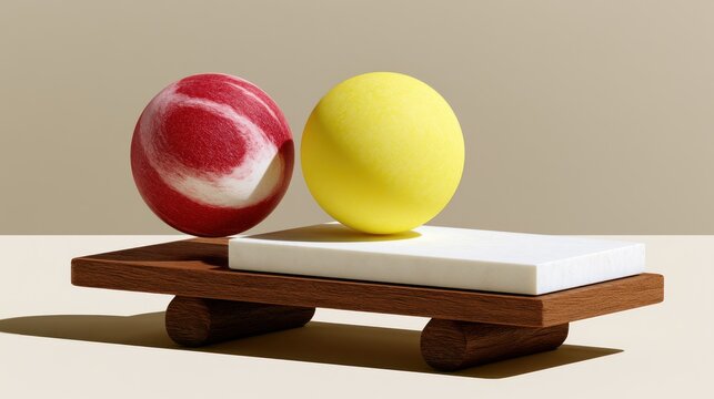 Minimalist platform with red marble and yellow spheres