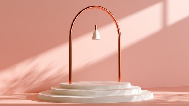 Minimalist product stage with arch and hanging light.