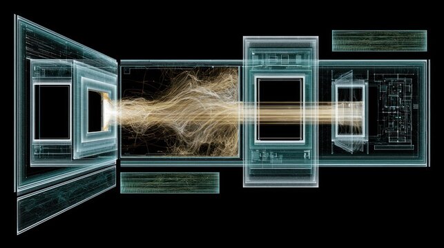 Glowing energy stream between virtual glass frames.