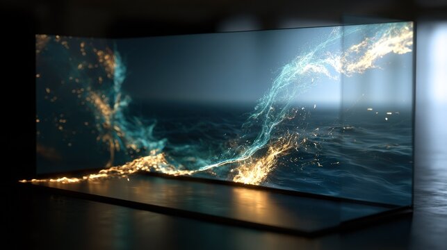 Glowing energy particles flowing through glass display.