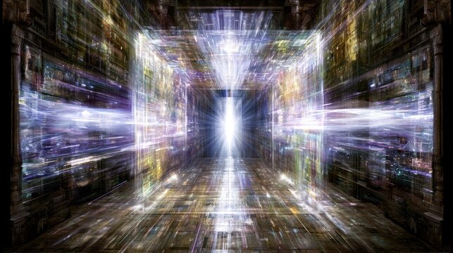 Glowing futuristic digital data tunnel with high speed trails.