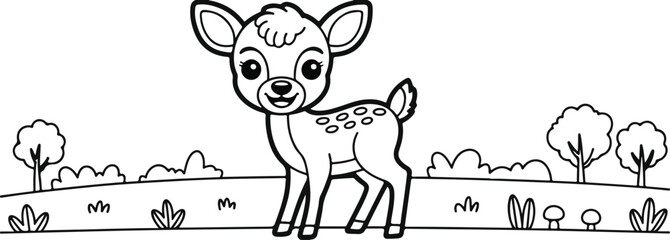 Obraz premium Cute cartoon deer standing in a field with trees and plants
