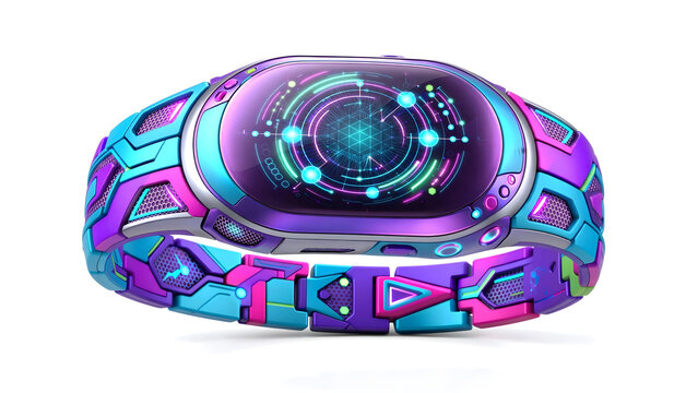 Futuristic Fitness Tracker Illustration, Modern Sci Fi Sports Smartband Wearable Health Monitor Holographic UI Glowing Biometric Pulse Sensor Activity Gym Concept Premium Vector Asset