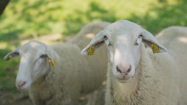 Close-up shot of white sheep standing in a sunlit grassy pasture. Soft lighting highlights wool texture, evoking calm rural farm atmosphere.