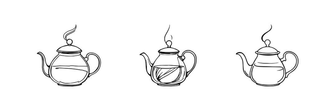 Teapot set with abstract line art illustration featuring tea, steam, cafe minimalist design with black ink and white background
