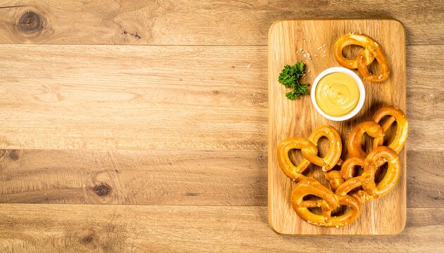 soft pretzels with mustard dip on wooden board with copy space