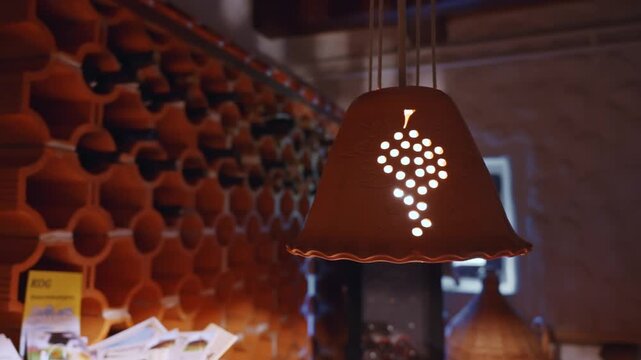Warm close-up shot of a grape motif pendant lamp in a cozy wine cellar with terracotta wine racks, creating a rustic and inviting ambiance.