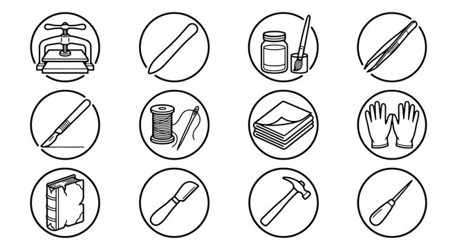 Set of book binding and restoration tool icons in black line art