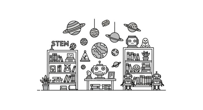 Science and technology study room with robots and solar system