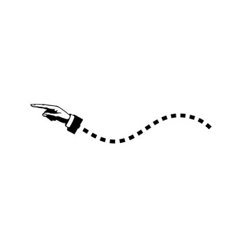 Human hand in suit sleeve pointing left along dotted line with clear space for text isolated on transparent background