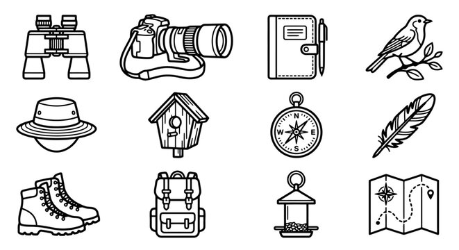 Outdoor and birdwatching line icons: binoculars, camera, map, compass, boots, backpack, bird, birdhouse. Vector illustrations for nature exploration, hiking, and adventure concepts.