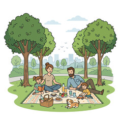 Family Picnic in Park with Cityscape Background
