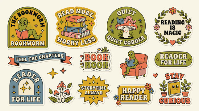 Retro vintage sticker set featuring bookworm characters, stacked books, and reading slogans in 70s aesthetic. Includes mushrooms, floral wreaths, and typography in muted earth tones.