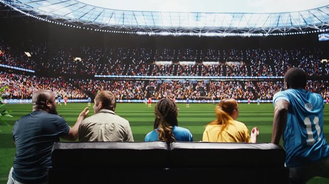 Upset football fans react to a missed chance on TV from the sofa as an immersive broadcast brings tense field action into the living room.