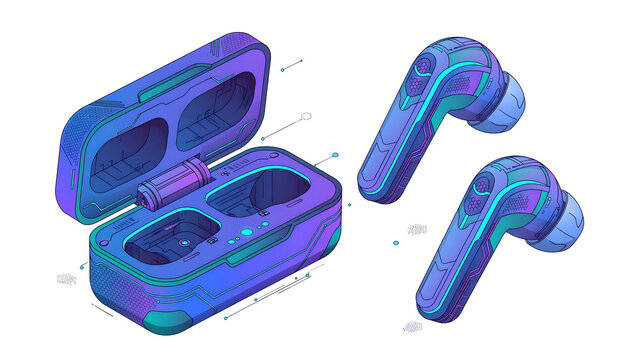 Futuristic Smart Earbuds Illustration, Modern Sci Fi Wireless Earphones Spatial Audio Technology Glowing Touch Sensor Cyberpunk Bluetooth Headset Concept Premium Vector Graphic Asset