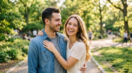 Fototapeta premium Happy couple embracing outdoors in a sunlit green park with outdoors romantic together affection relationship