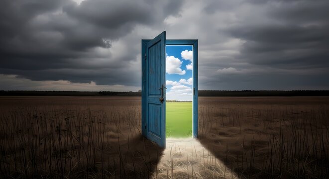 Mystical doorway to new opportunities in vast desert. Bright portal glowing with hope and future possibilities at dusk.