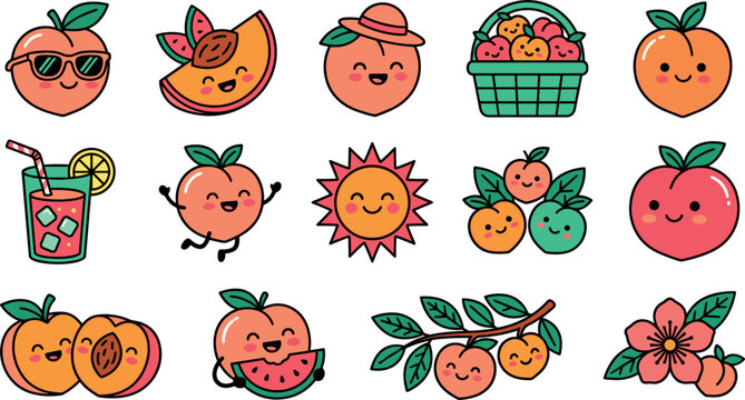 Cute peach character summer vector sticker set with smiling fruit mascots sun drink basket flower watermelon sunglasses and peach tree branch