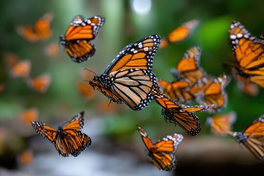 Monarch Butterflies in Flight Green Bokeh Background
