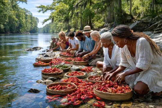 Community members gather by the river to harvest fresh crawfish during a sunny afternoon