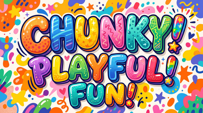 Chunky bold colorful typography design for playful branding. Vibrant 3D lettering with confetti texture for fun marketing campaigns.