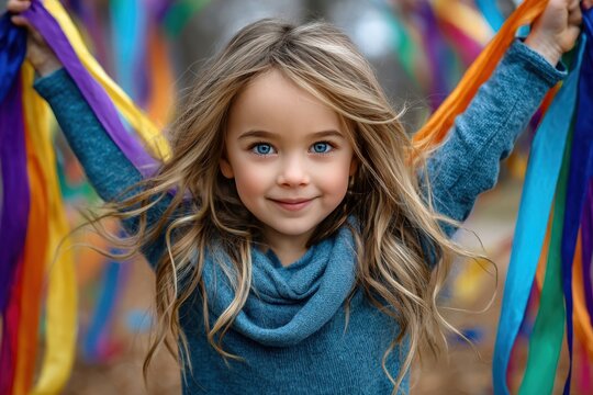Young girl joyfully playing with colorful ribbons in a vibrant outdoor setting during autumn