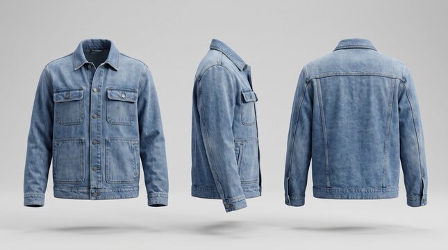 Denim Jacket Mockup Showcase: A light blue denim jacket displayed from three angles&mdash;front, side, and back&mdash;highlighting its classic style and rugged texture.