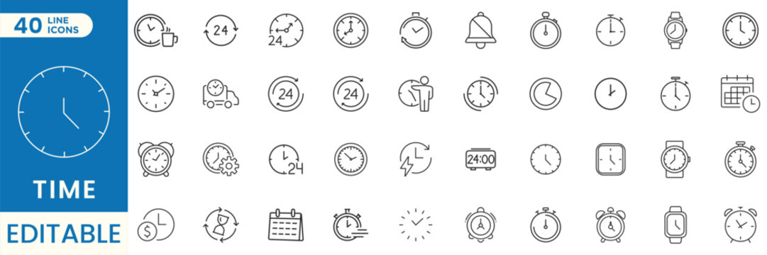 Time line icons set, clock, watch, timer, stopwatch, alarm, countdown, schedule, calendar, deadline, reminder, productivity, time management concepts and more.  vector collection