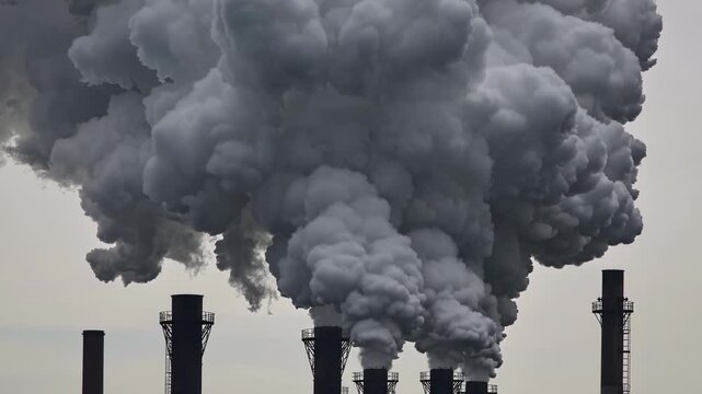 Industrial smokestacks releasing thick clouds of smoke into the atmosphere, showcasing the continuous flow of emissions from a power plant in an urban environment