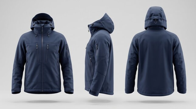 Blue Hooded Mockup Jacket: A dark blue hooded jacket displayed from three different angles, showcasing its design and features.