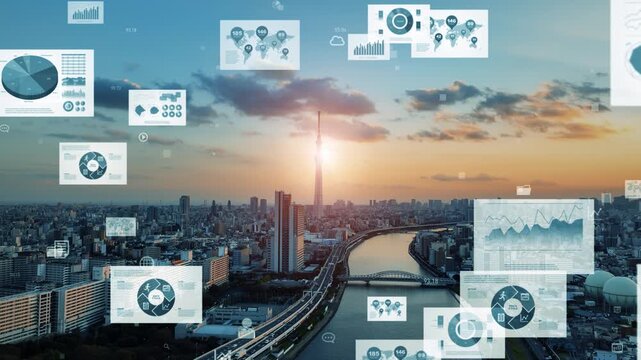 現代都市とビジネスデータ。DX、マーケティング、経済、金融、経営、企業、統計、グラフ、社会、リサーチ