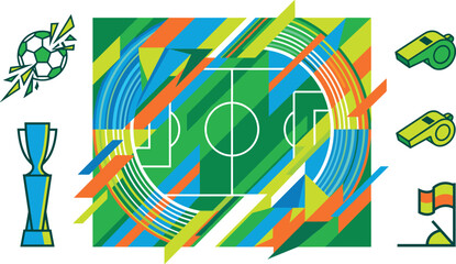 Abstract Soccer Stadium Graphic Set with Football Field Background, Trophy, Ball, Whistles, and Corner Flag Vector Elements © MstSuraiya