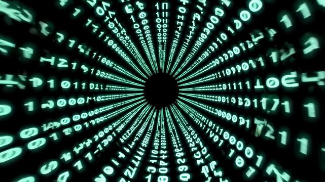 Digital tunnel of glowing binary code transitions through a vortex, showcasing a continuous flow of numbers and symbols in a dark background environment