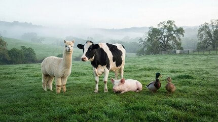 Fototapeta premium Animals standing and lying in a green field with trees