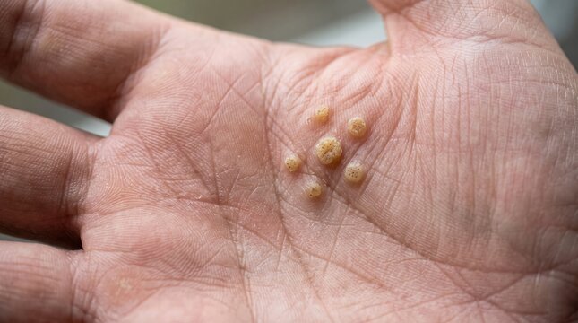 Small clusters of tan papules on a human palm skin surface with dermatology dermatological condition epidermis