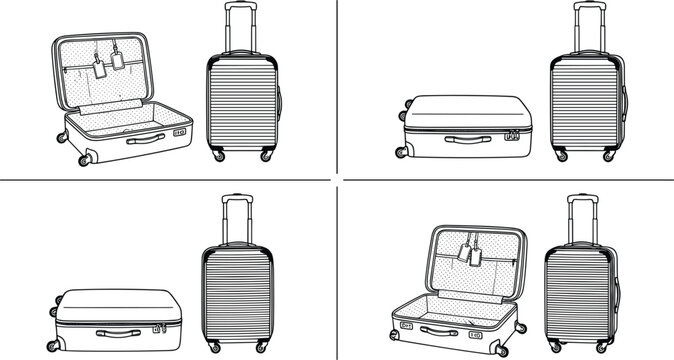 Travel suitcase vector outline set with open empty baggage and closed trolley cases from different views