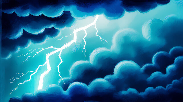 Bright white lightning bolt striking through dark blue stormy clouds thunder
