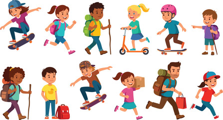 Fototapeta premium Happy Kids Character Set Doing Outdoor Activities Like Hiking Skateboarding Running Riding Scooter Lifestyle Vector