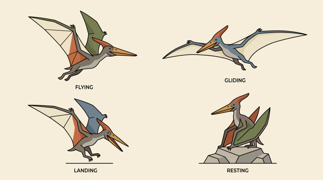Detailed Educational Collection of Various Pterodactyl Dinosaur Activity Poses