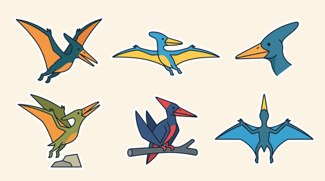 Collection of illustrated prehistoric flying reptiles, Pterodactyls and Pterosaurs