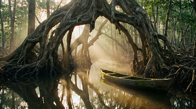 Ancient Mangrove Arch with Wooden Boat in a Tranquil Tropical Lagoon