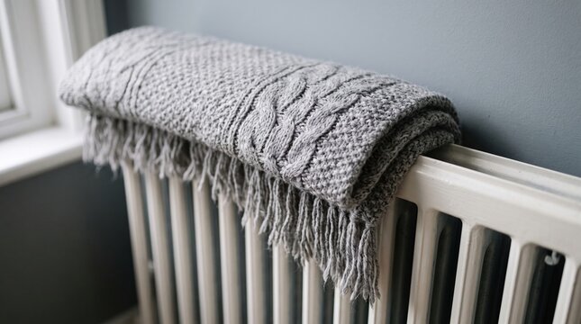 Gray cable-knit throw blanket folded over a white metal home radiator with radiator interior apartment coziness