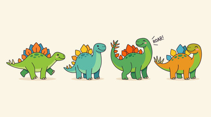 Obraz premium Adorable Cartoon Stegosaurus Dinosaurs Collection, Cute Prehistoric Animals Vector Set Illustration