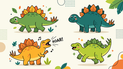 Fototapeta premium Cute Cartoon Stegosaurus Dinosaur Set Vector Illustration