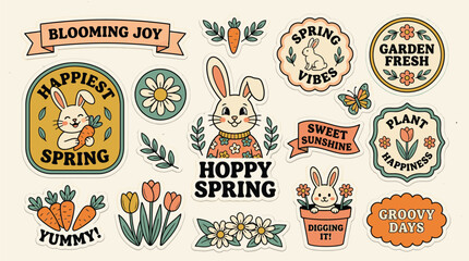 Naklejka premium Collection of retro spring-themed stickers and badges featuring vintage-style bunnies, carrots, daisies, and tulips with groovy typography in a muted 1970s aesthetic color palette.