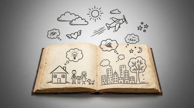 Open book with city and nature drawings. Educational illustrations flying out.